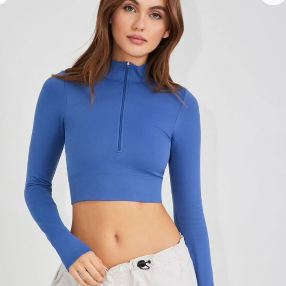 Garage Rush B.DY Half Zip Top Royal Blue Long Sleeve Crop Top size L - Picture 2 of 10